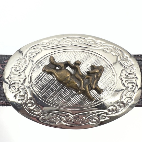 Nocona Western Rodeo Tooled Leather Belt Boys Size 24 Big Buckle Bull Rider - Picture 4 of 13